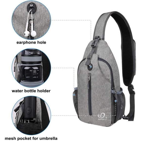 Waterfly Men Women Gray Crossbody Adjustable Strap Hiking Sling Backpack - Picture 3 of 7